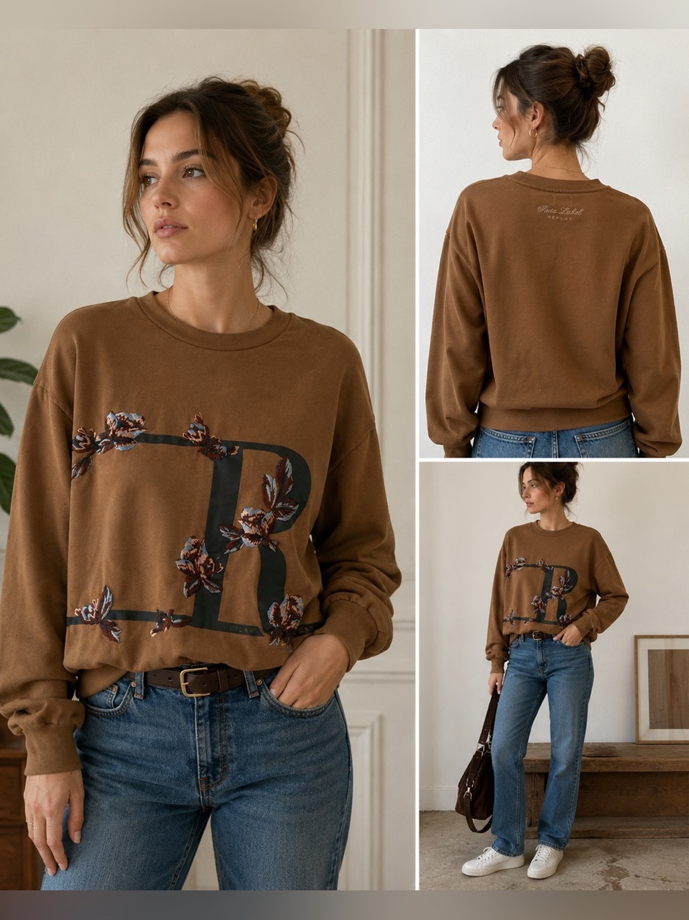Replay Rose Label Embroidered Floral Logo Sweatshirt Camel Brown Size M